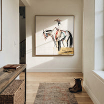 Fine Reins Draw Silence - ink rider horse sketch by Ethan Mercer, contemporary Western square wall art – styled room scene view 5