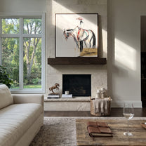 Fine Reins Draw Silence - ink rider horse sketch by Ethan Mercer, contemporary Western square wall art – styled room scene view 6