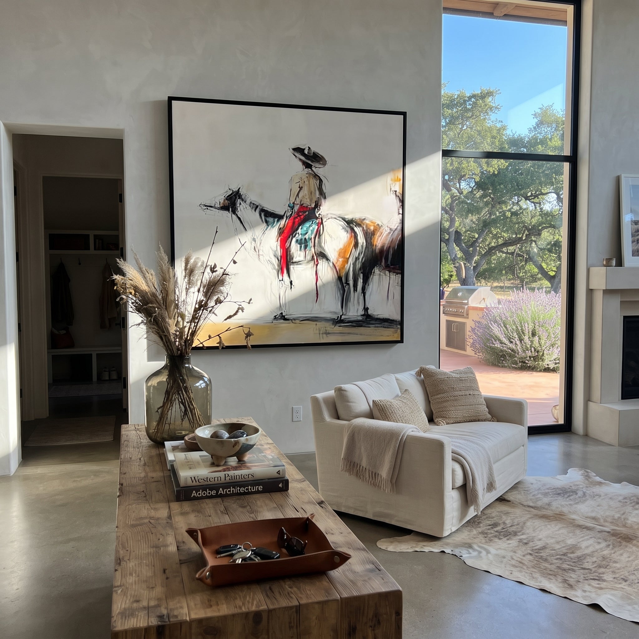 Ink Horse Holds Patience - brown horse rider sketch by Ethan Mercer, contemporary Western square wall art – styled room scene view 1