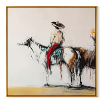 Ink Horse Holds Patience - brown horse rider sketch by Ethan Mercer, contemporary Western square wall art – wood frame on white background