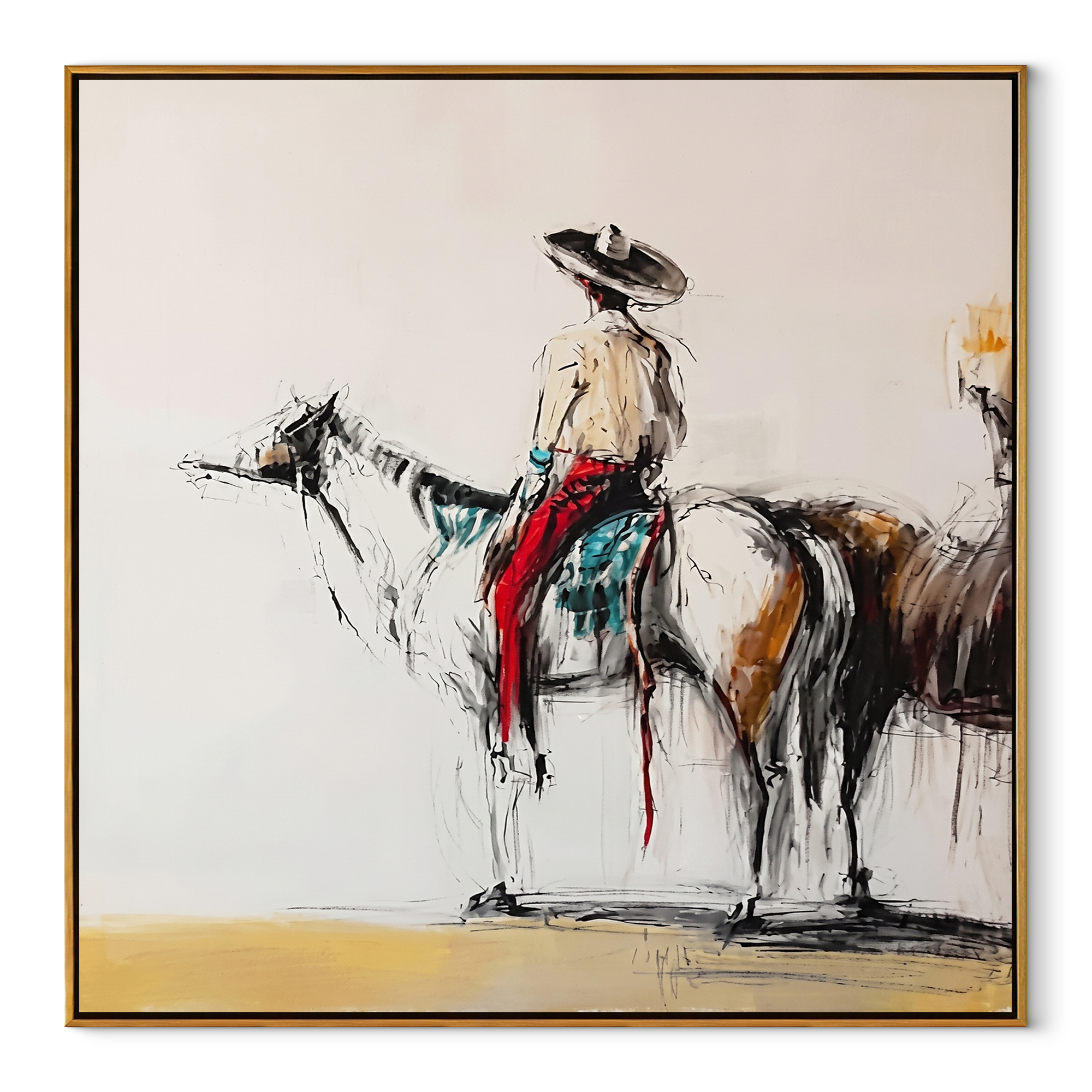 Ink Horse Holds Patience - brown horse rider sketch by Ethan Mercer, contemporary Western square wall art – wood frame on white background
