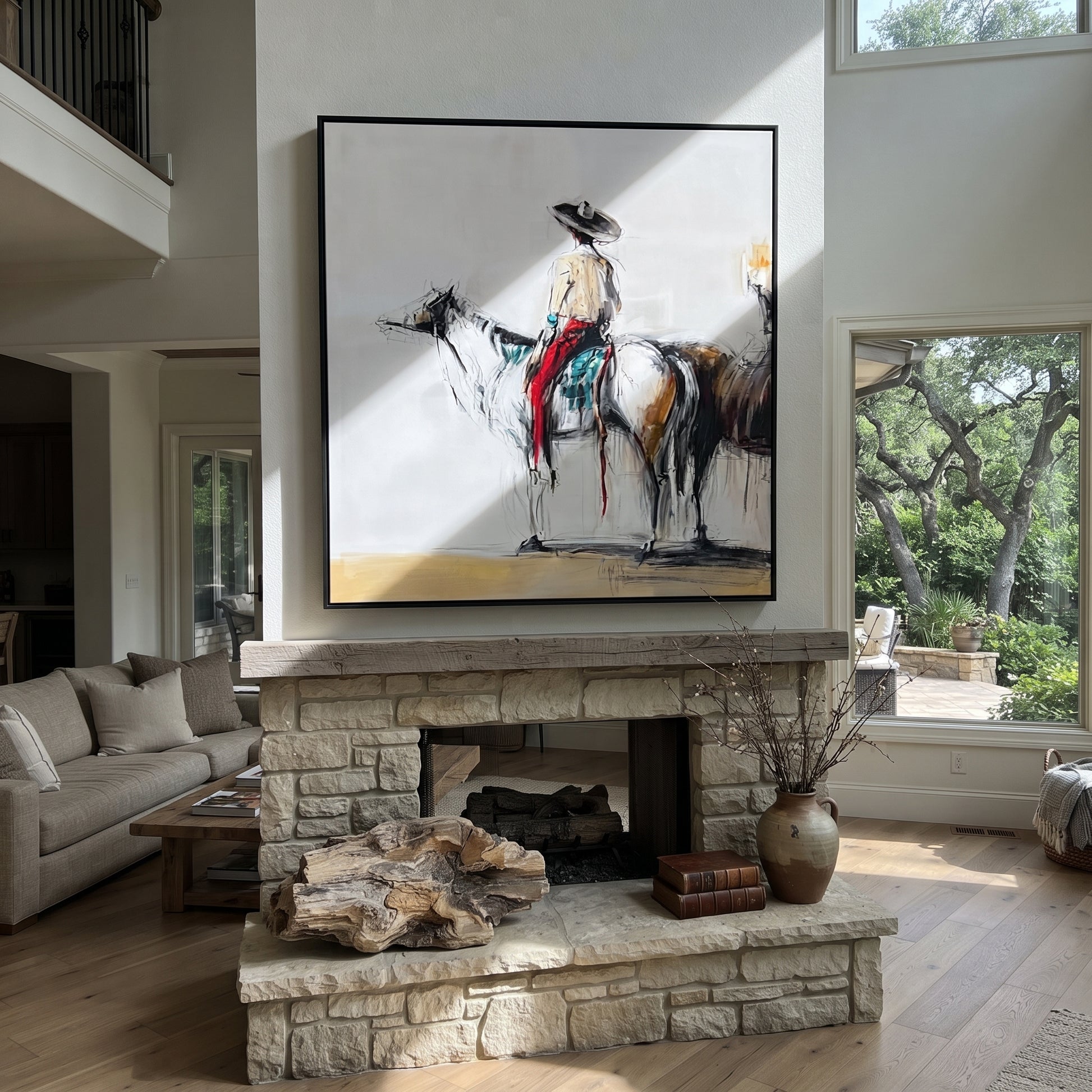 Ink Horse Holds Patience - brown horse rider sketch by Ethan Mercer, contemporary Western square wall art – styled room scene view 2