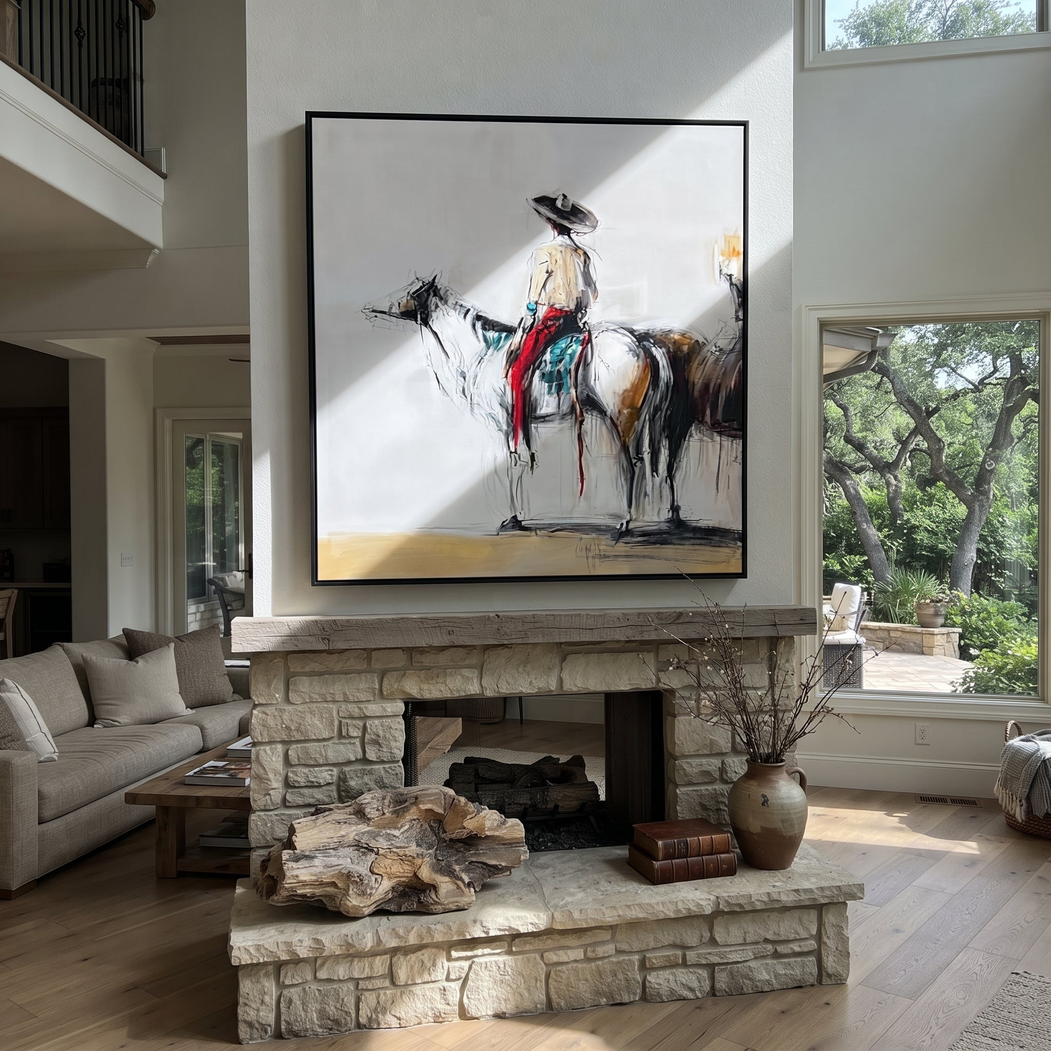 Ink Horse Holds Patience - brown horse rider sketch by Ethan Mercer, contemporary Western square wall art – styled room scene view 2