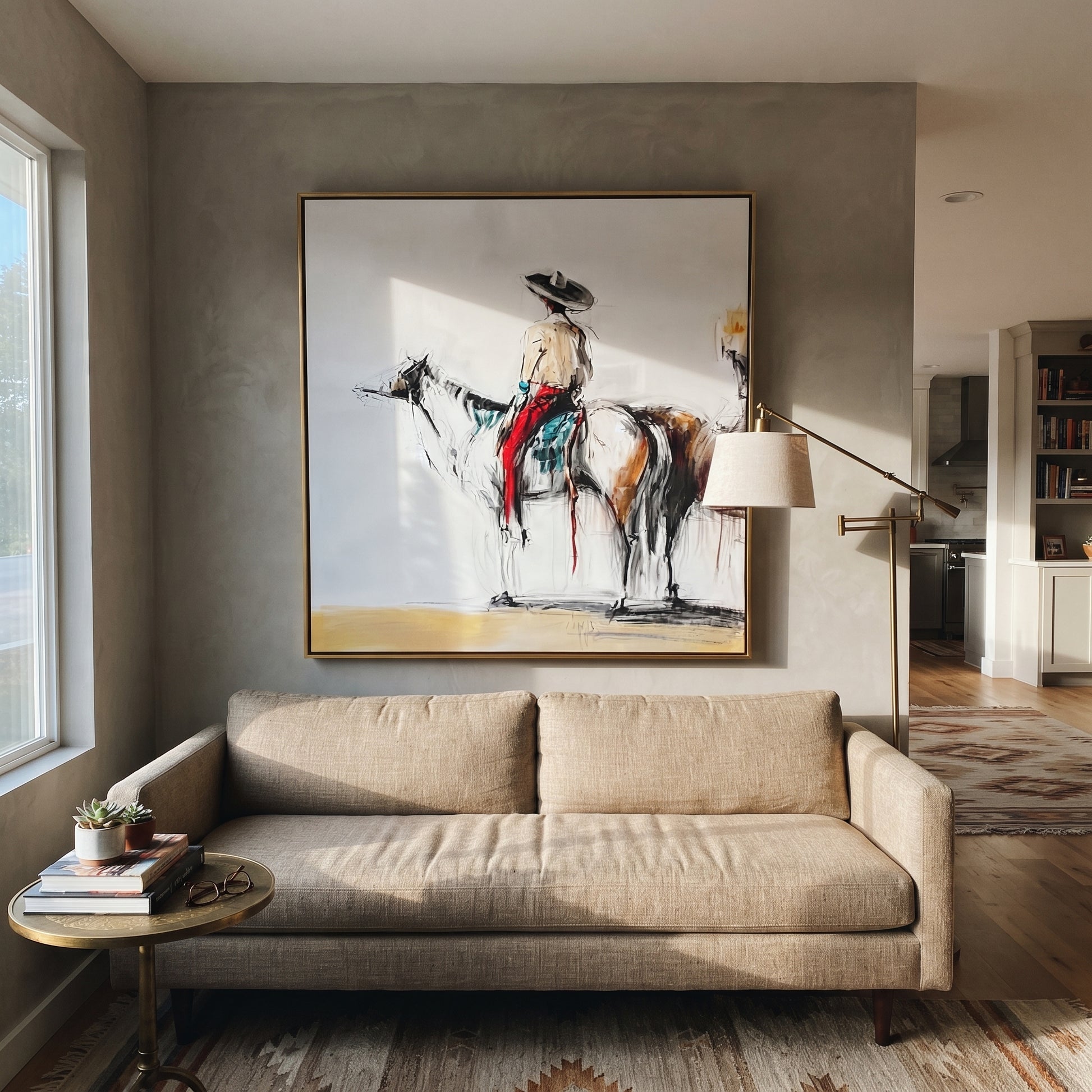 Ink Horse Holds Patience - brown horse rider sketch by Ethan Mercer, contemporary Western square wall art – styled room scene view 3