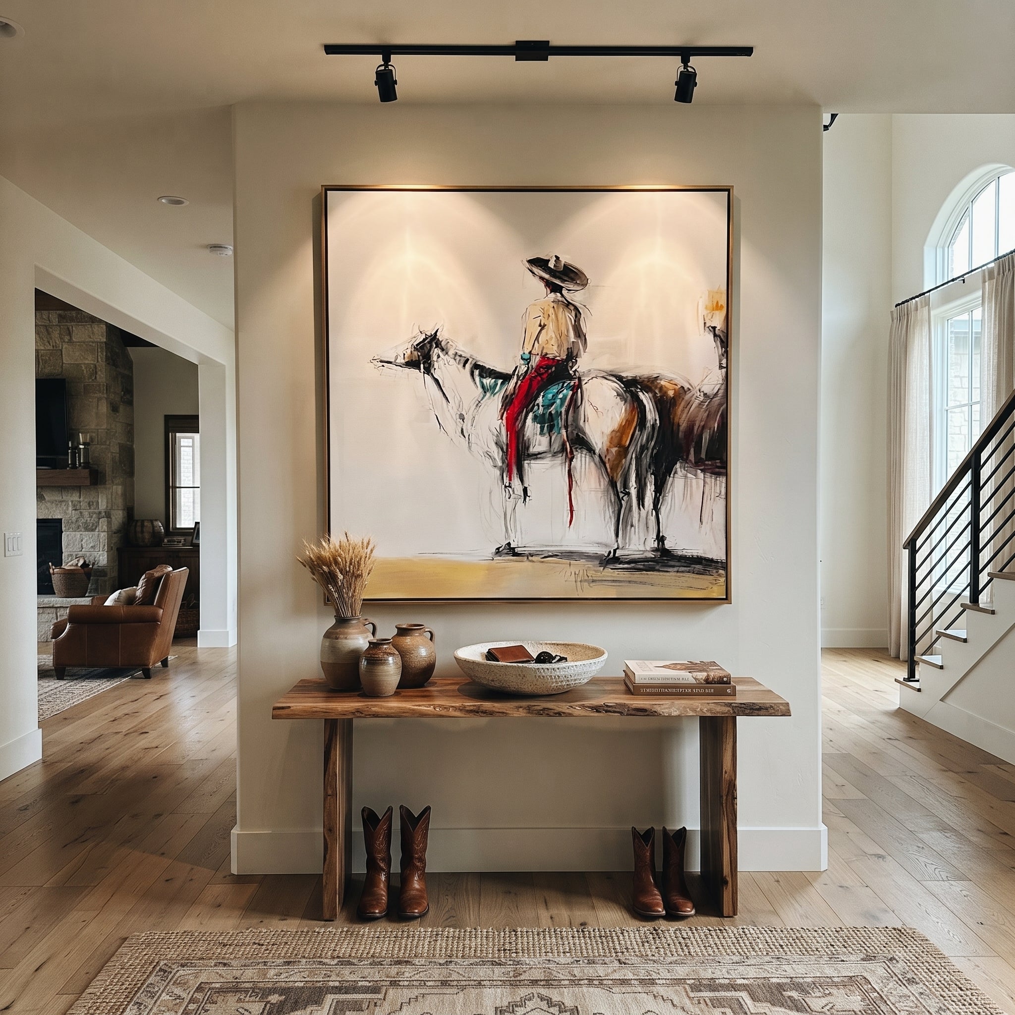 Ink Horse Holds Patience - brown horse rider sketch by Ethan Mercer, contemporary Western square wall art – styled room scene view 4
