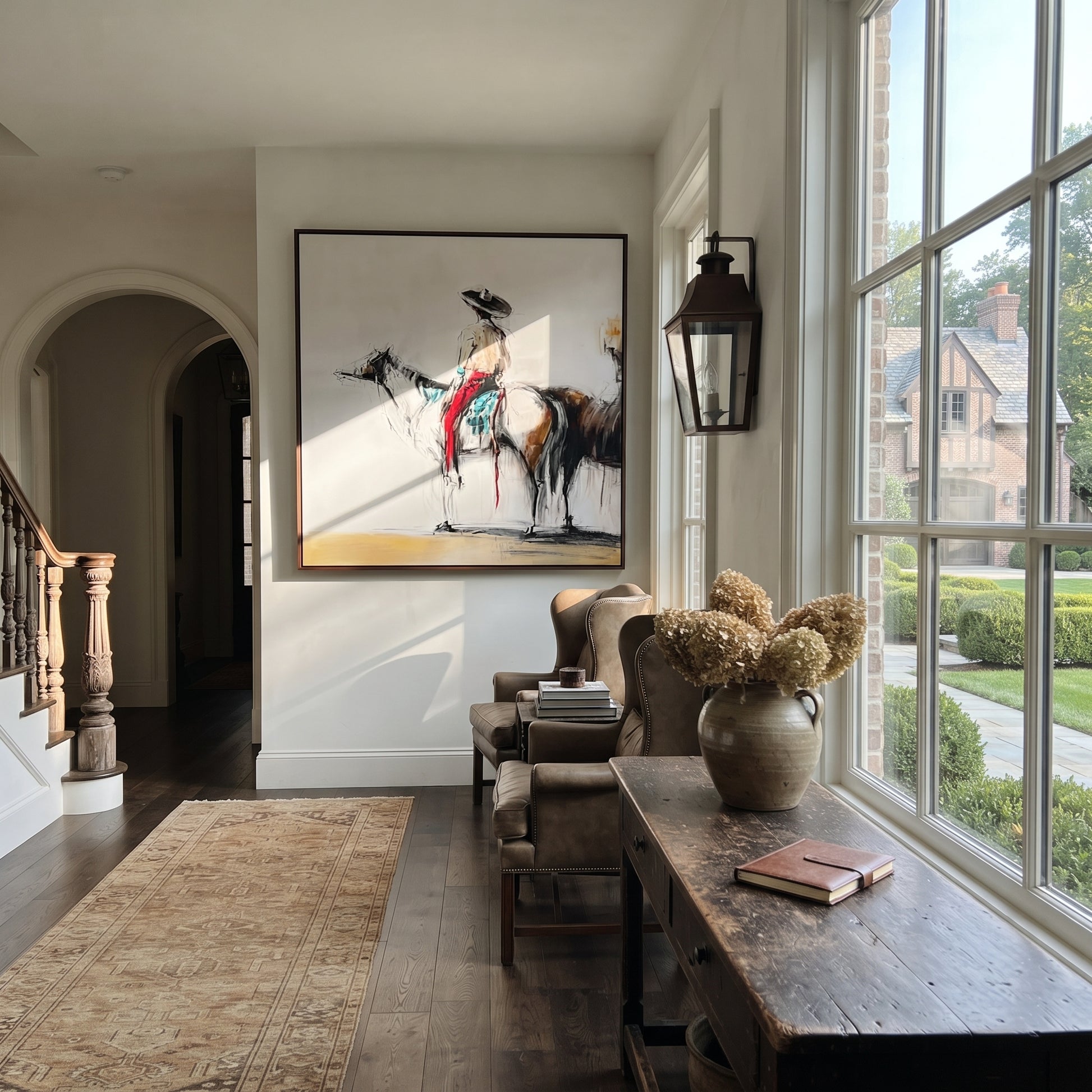 Ink Horse Holds Patience - brown horse rider sketch by Ethan Mercer, contemporary Western square wall art – styled room scene view 5