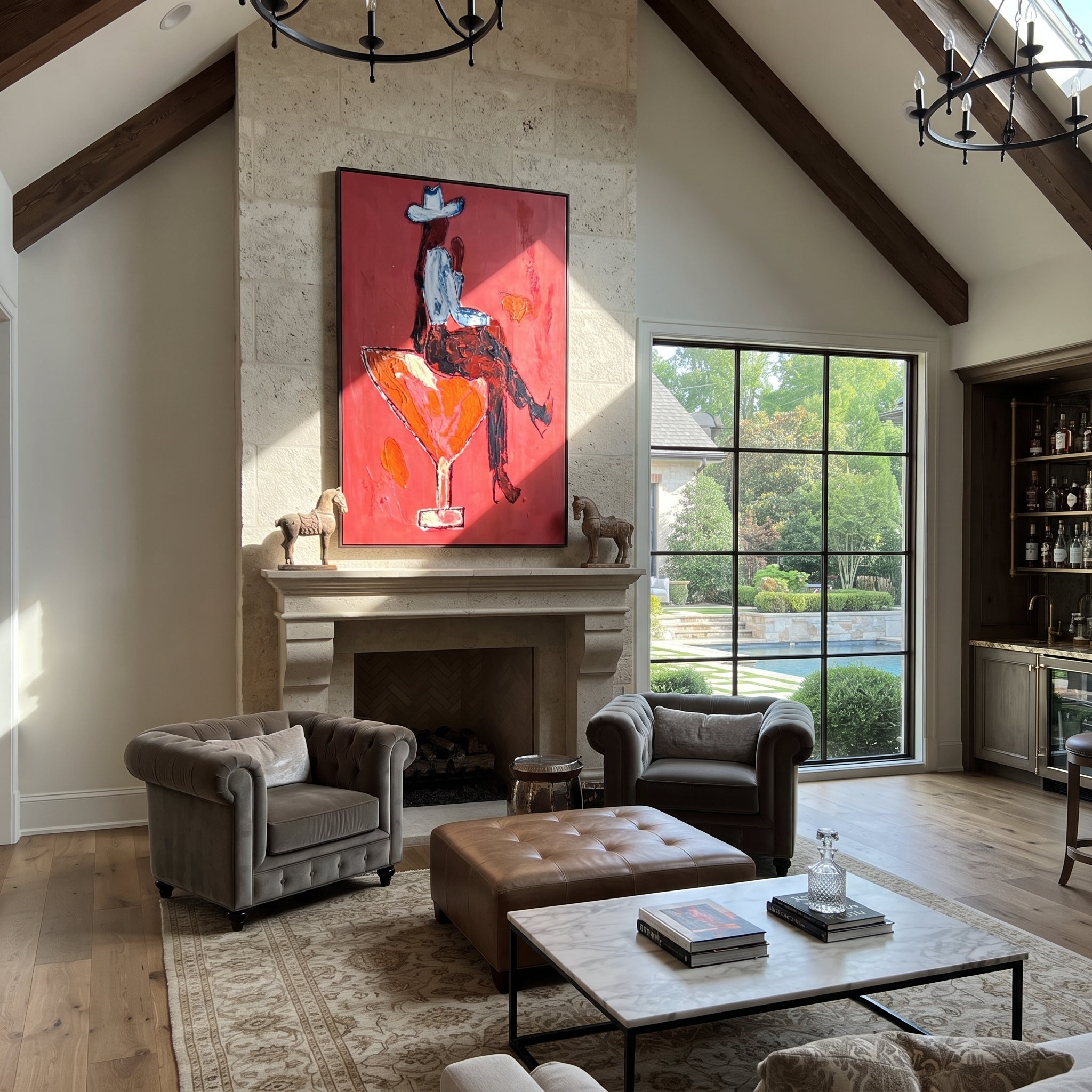 Scarlet Glass Bears Blue - cowboy cocktail glass painting by Ethan Mercer, contemporary Western vertical wall art – styled room scene view 1