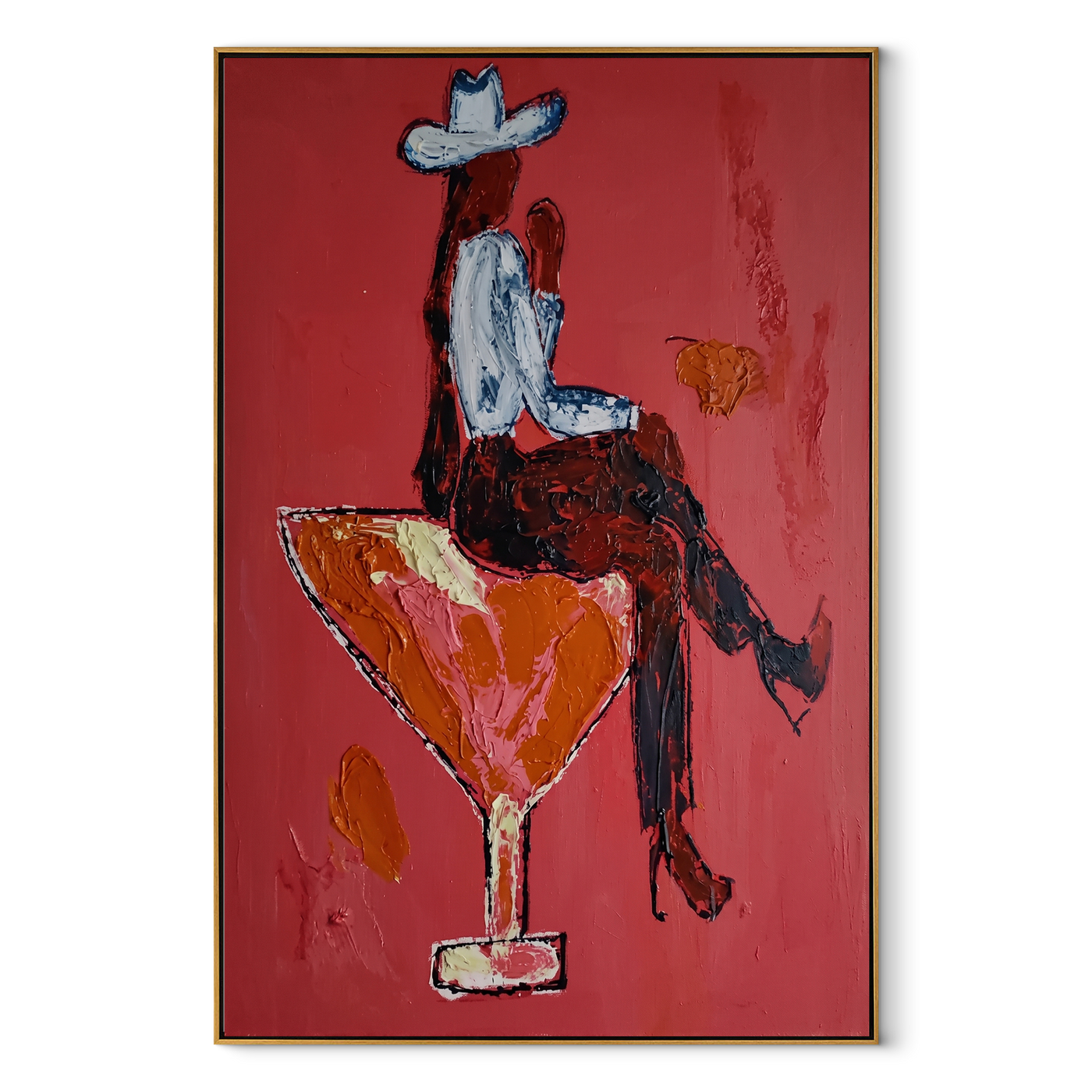 Scarlet Glass Bears Blue - cowboy cocktail glass painting by Ethan Mercer, contemporary Western vertical wall art – wood frame on white background