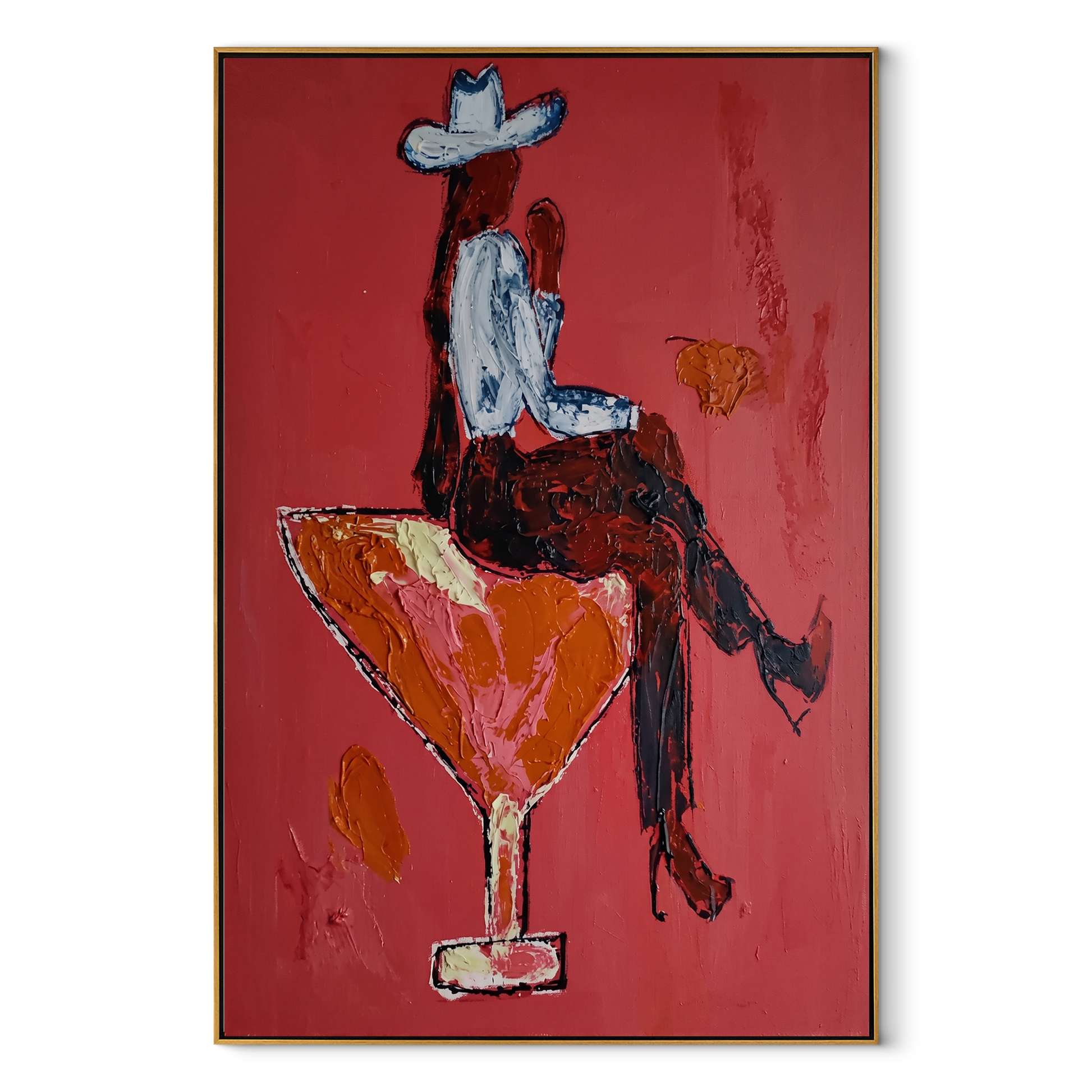 Scarlet Glass Bears Blue - cowboy cocktail glass painting by Ethan Mercer, contemporary Western vertical wall art – wood frame on white background