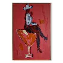 Scarlet Glass Bears Blue - cowboy cocktail glass painting by Ethan Mercer, contemporary Western vertical wall art – wood frame on white background