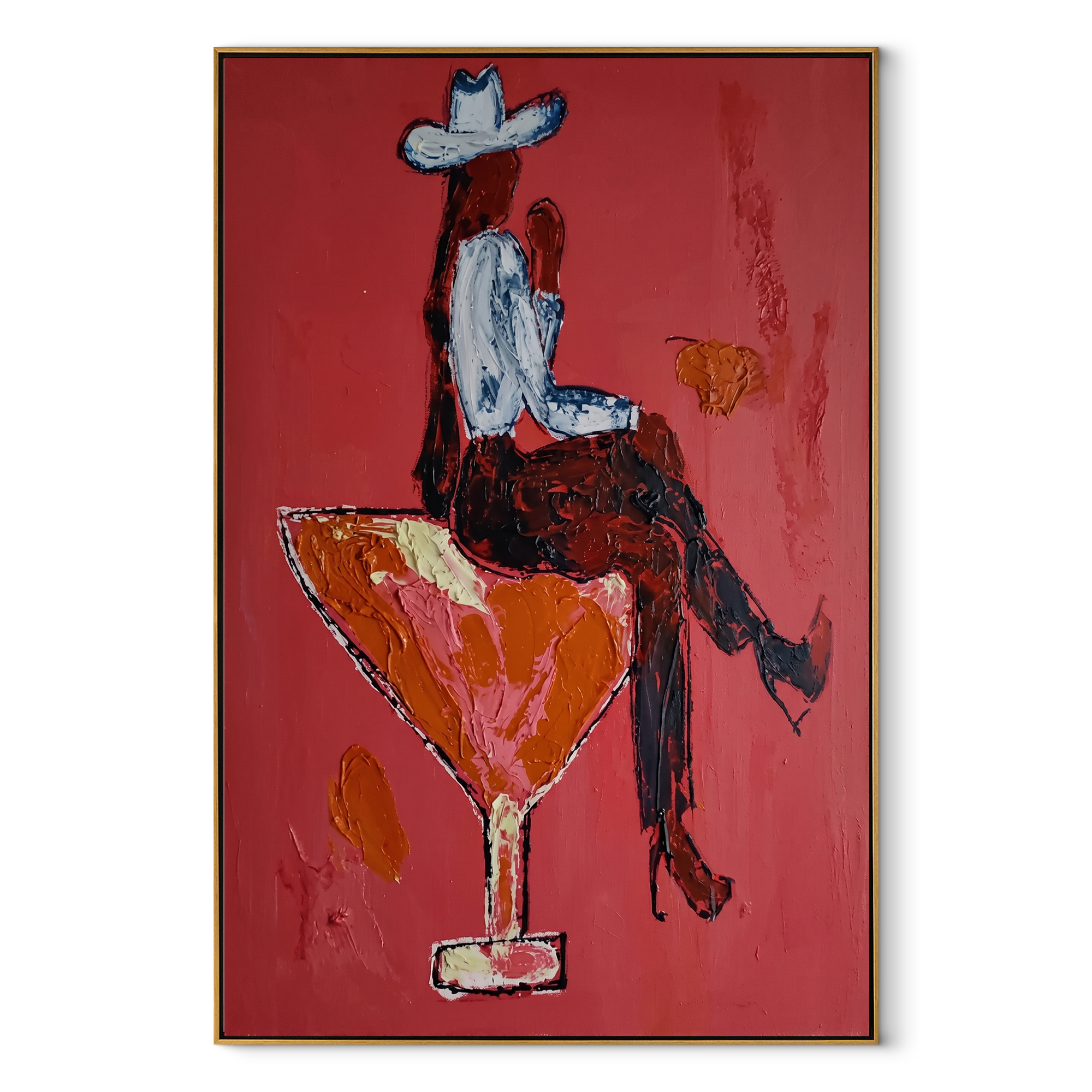 Scarlet Glass Bears Blue - cowboy cocktail glass painting by Ethan Mercer, contemporary Western vertical wall art – wood frame on white background