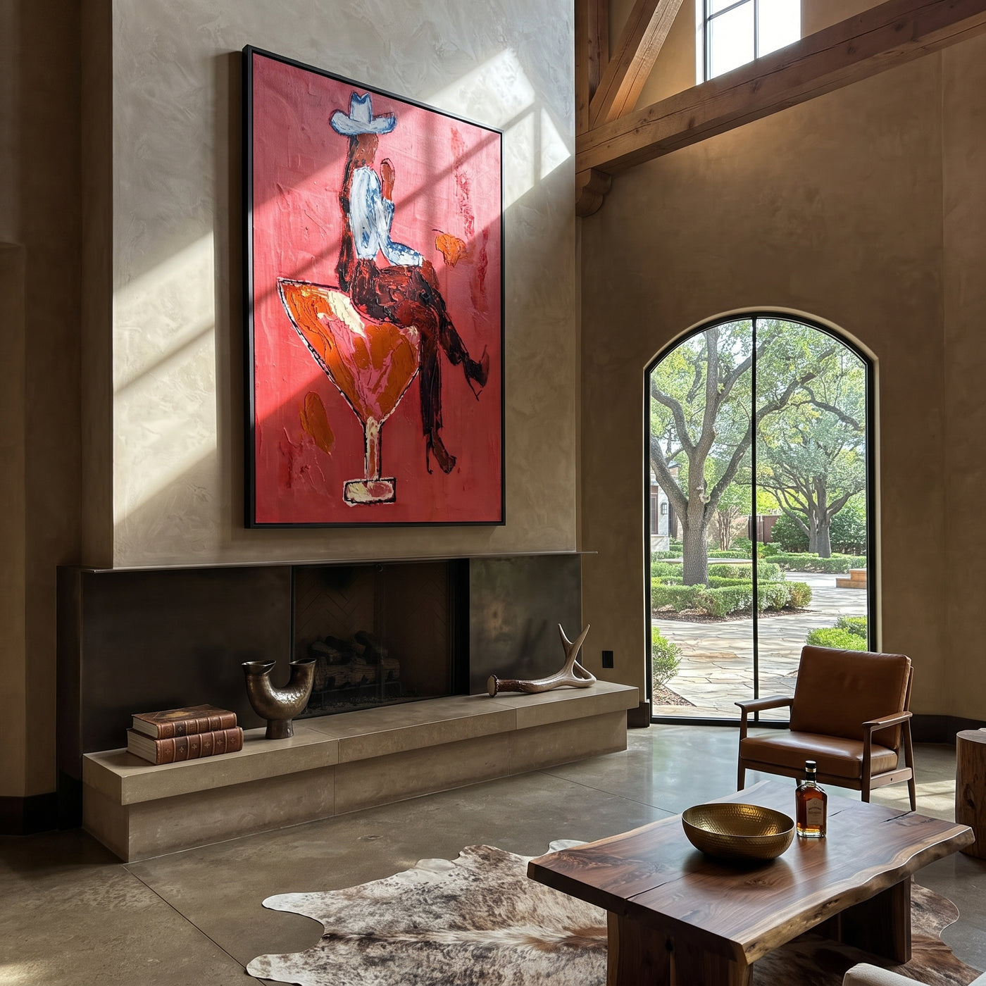 Scarlet Glass Bears Blue - cowboy cocktail glass painting by Ethan Mercer, contemporary Western vertical wall art – styled room scene view 2
