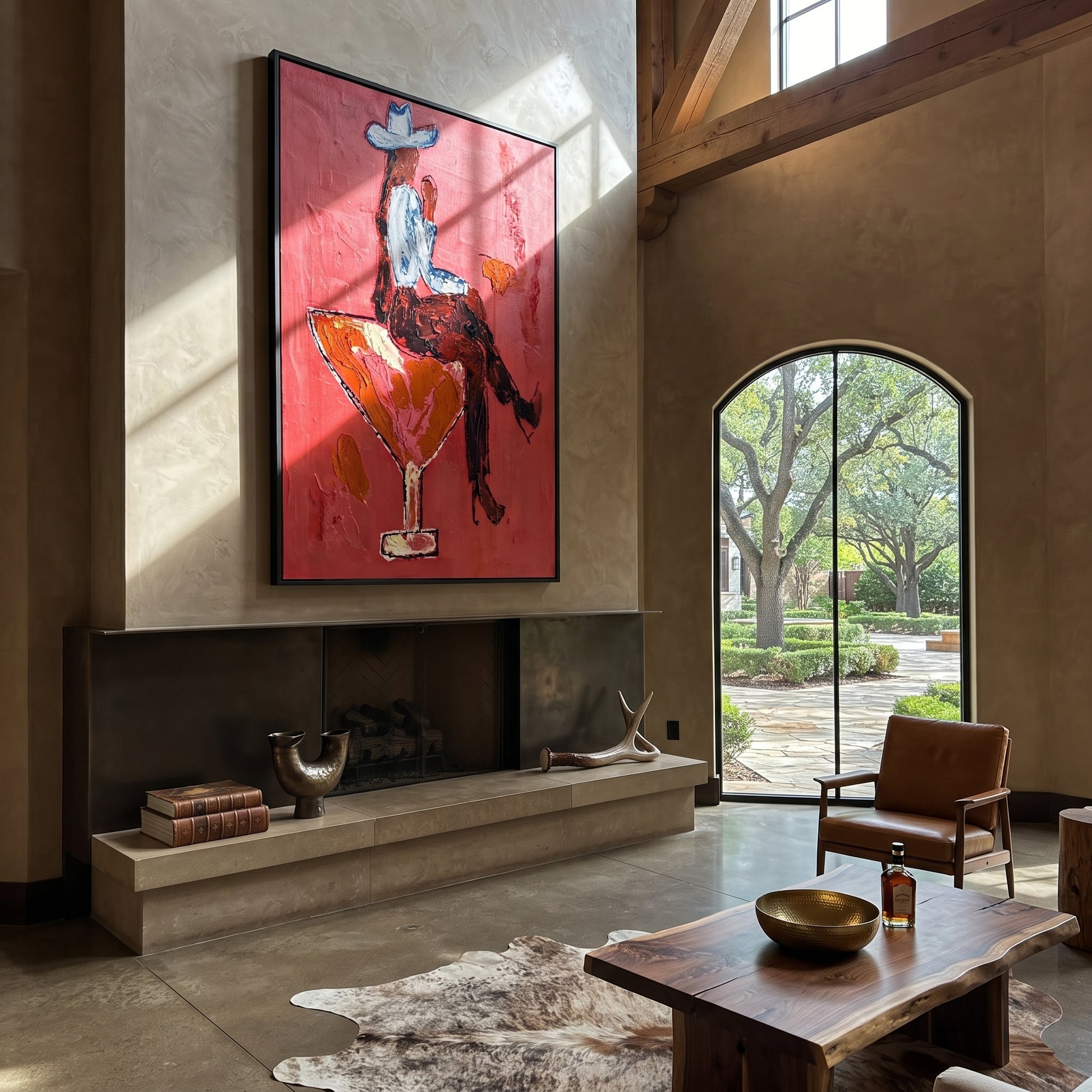 Scarlet Glass Bears Blue - cowboy cocktail glass painting by Ethan Mercer, contemporary Western vertical wall art – styled room scene view 2