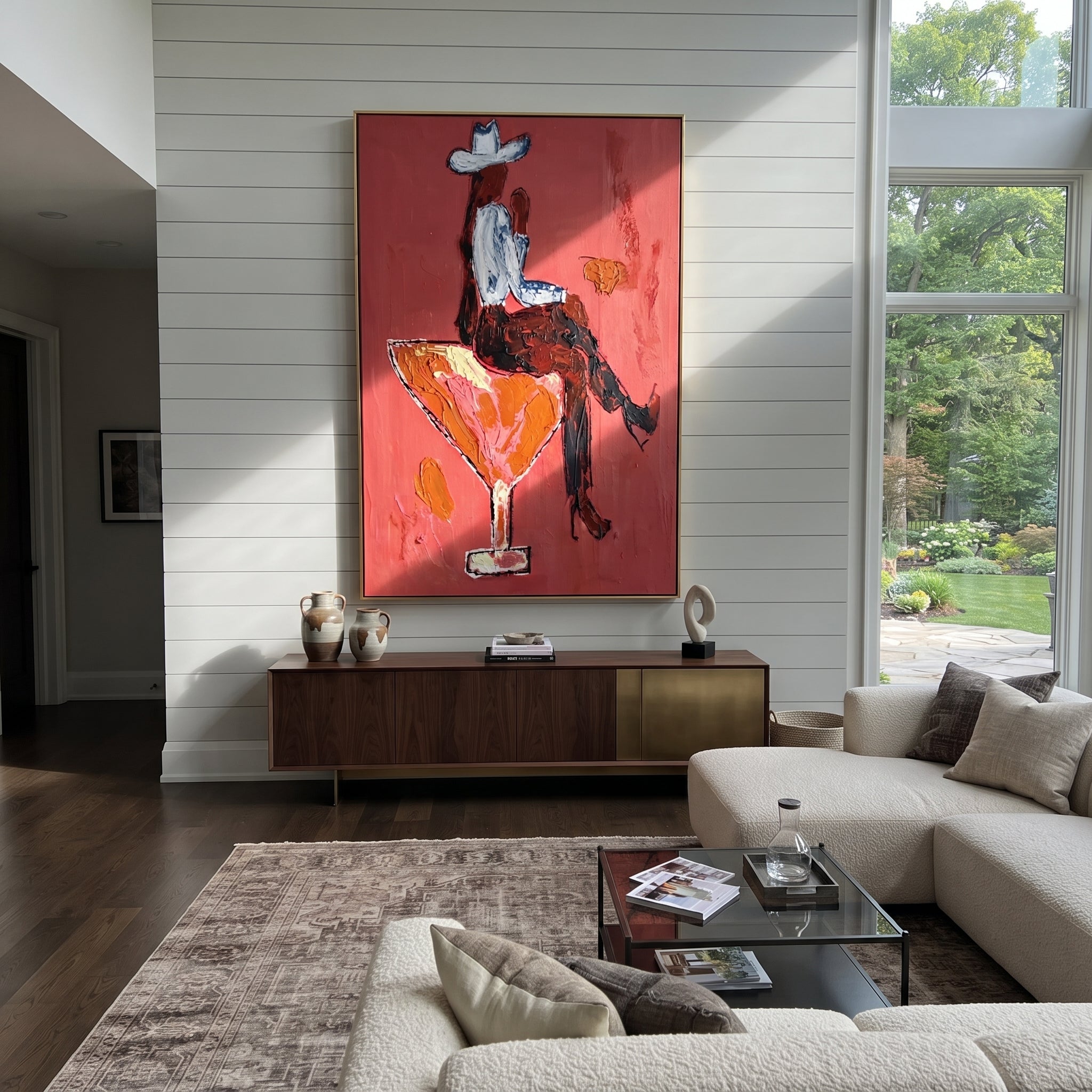 Scarlet Glass Bears Blue - cowboy cocktail glass painting by Ethan Mercer, contemporary Western vertical wall art – styled room scene view 3