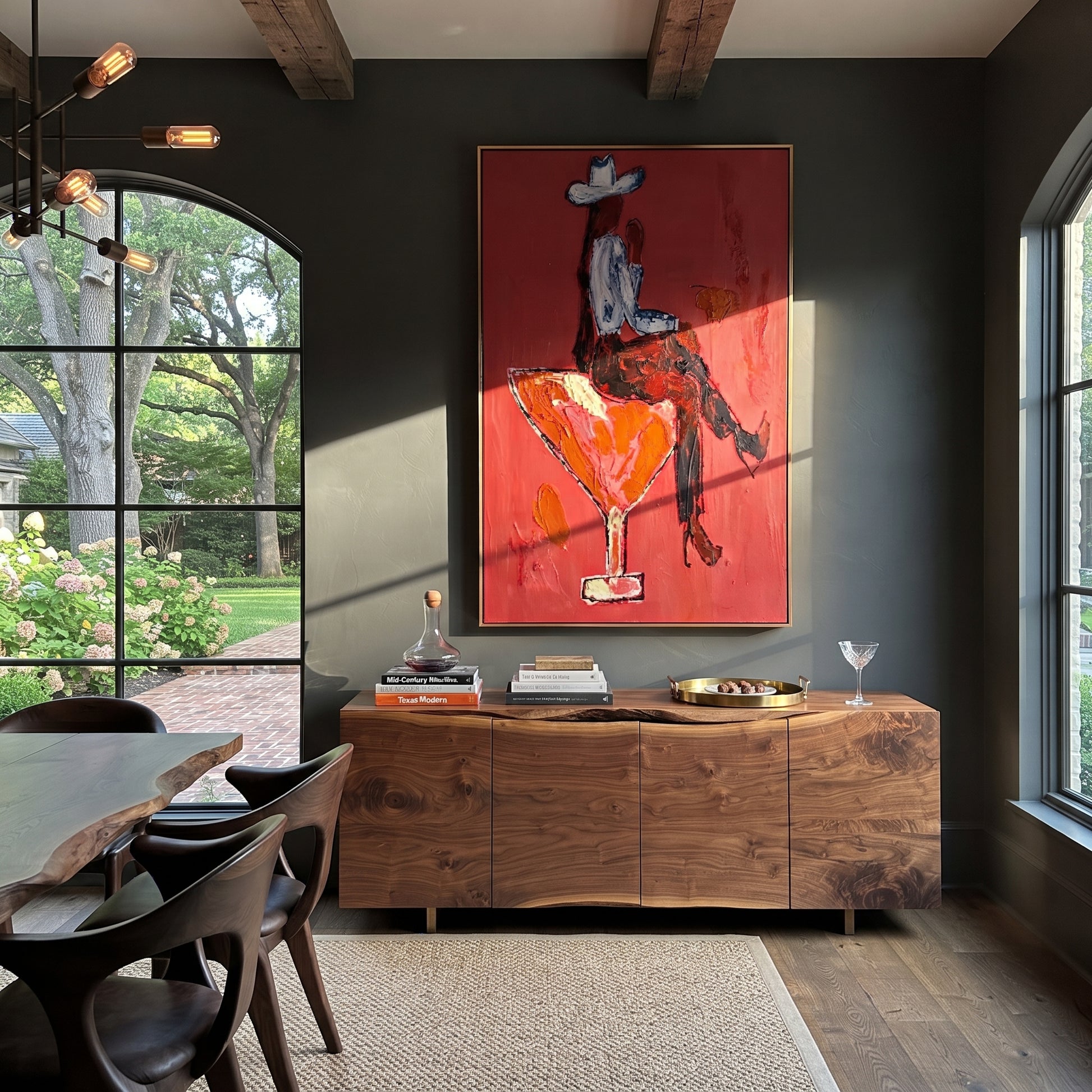 Scarlet Glass Bears Blue - cowboy cocktail glass painting by Ethan Mercer, contemporary Western vertical wall art – styled room scene view 4