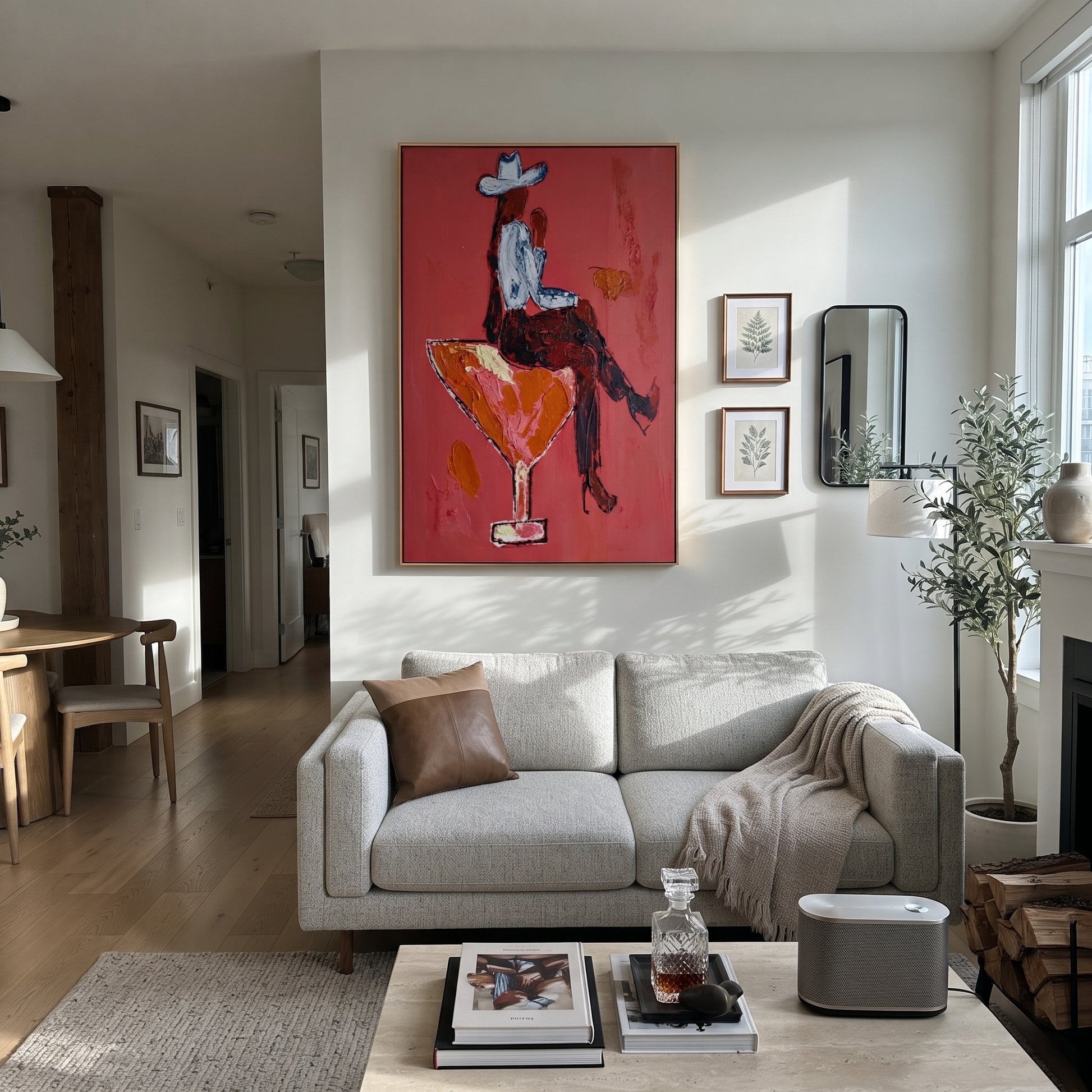 Scarlet Glass Bears Blue - cowboy cocktail glass painting by Ethan Mercer, contemporary Western vertical wall art – styled room scene view 5