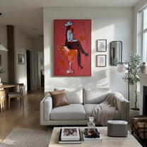 Scarlet Glass Bears Blue - cowboy cocktail glass painting by Ethan Mercer, contemporary Western vertical wall art – styled room scene view 5