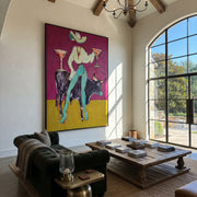 Two Cocktails Crown Bull - cowgirl bull martini painting by Ethan Mercer, contemporary Western vertical wall art – styled room scene view 1