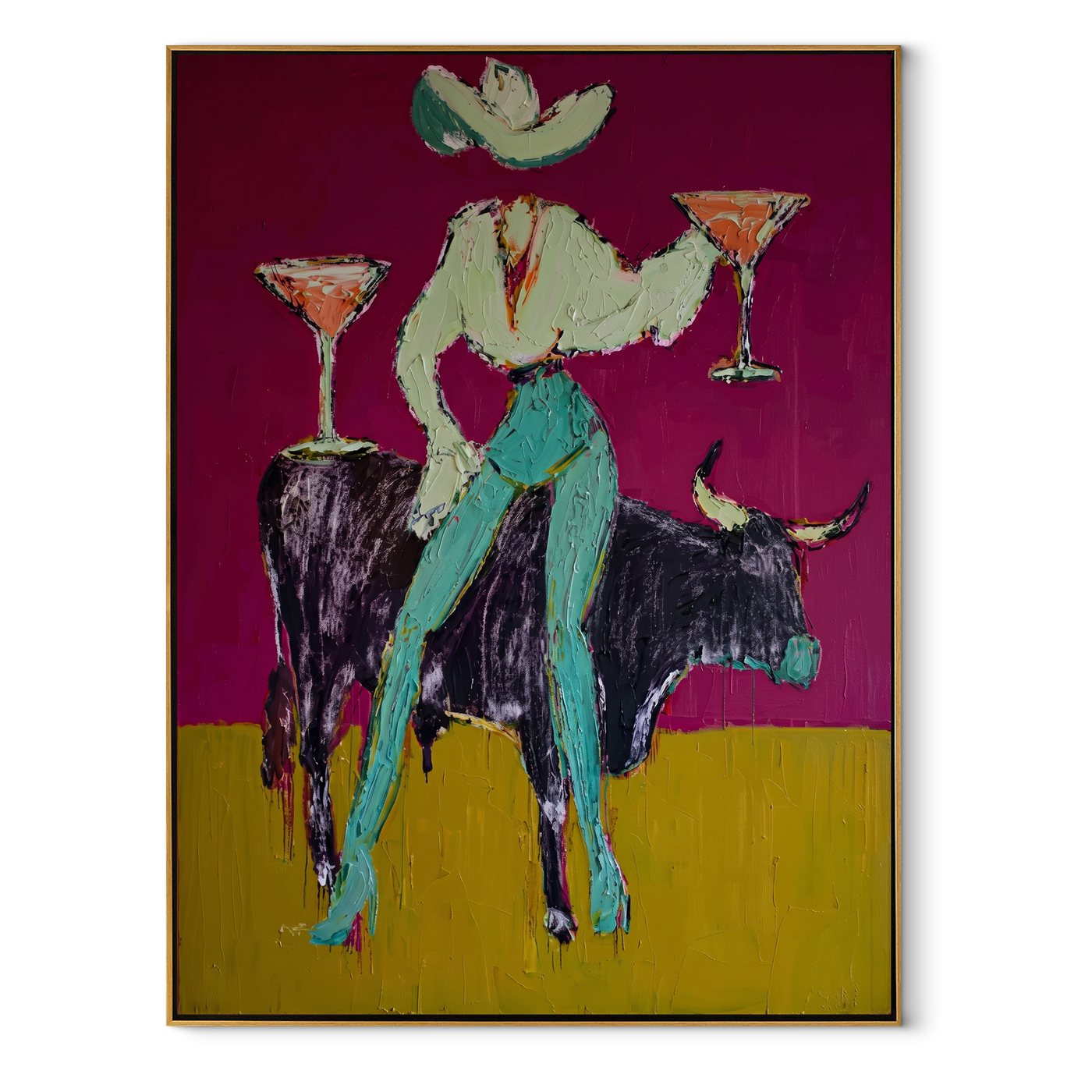 Two Cocktails Crown Bull - cowgirl bull martini painting by Ethan Mercer, contemporary Western vertical wall art – wood frame on white background