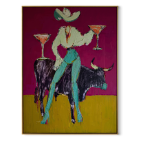 Two Cocktails Crown Bull - cowgirl bull martini painting by Ethan Mercer, contemporary Western vertical wall art – wood frame on white background
