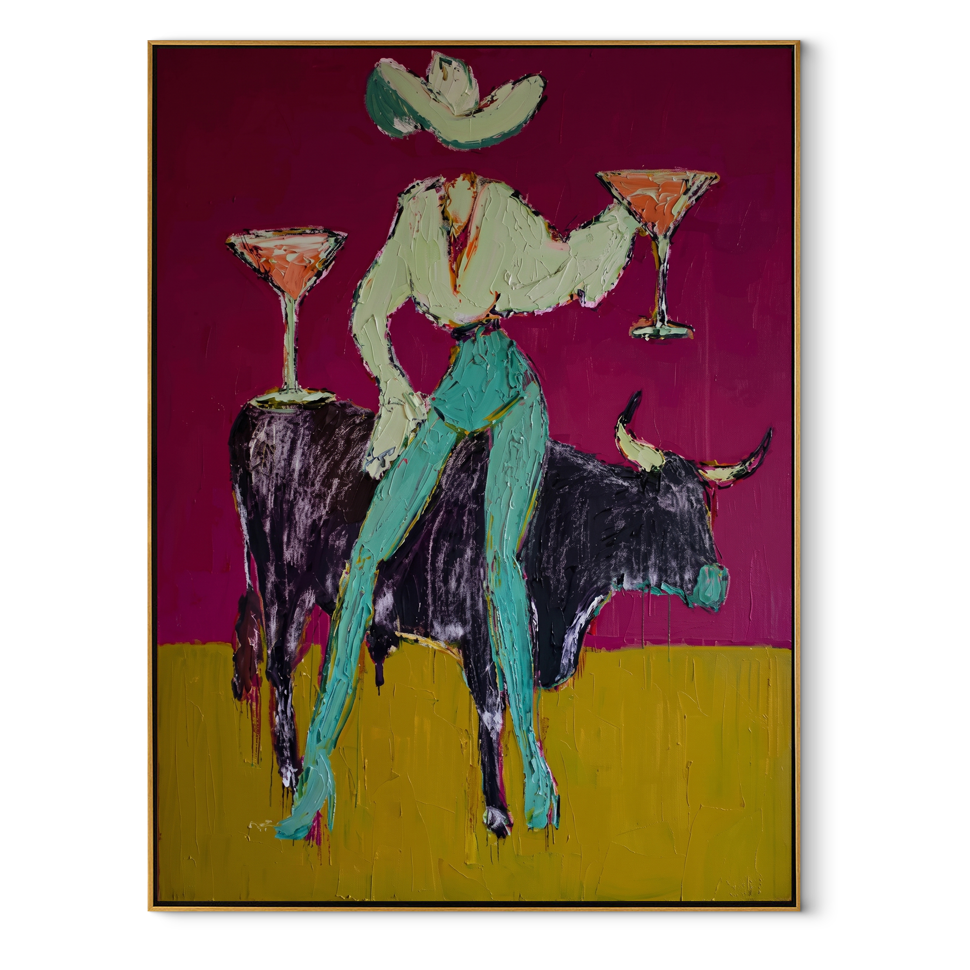 Two Cocktails Crown Bull - cowgirl bull martini painting by Ethan Mercer, contemporary Western vertical wall art – wood frame on white background