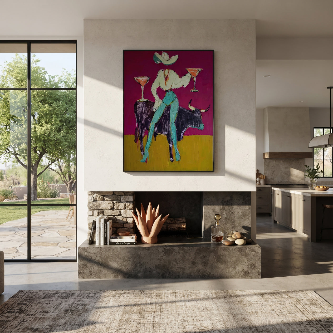 Two Cocktails Crown Bull - cowgirl bull martini painting by Ethan Mercer, contemporary Western vertical wall art – styled room scene view 2