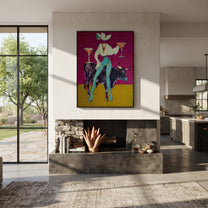 Two Cocktails Crown Bull - cowgirl bull martini painting by Ethan Mercer, contemporary Western vertical wall art – styled room scene view 2
