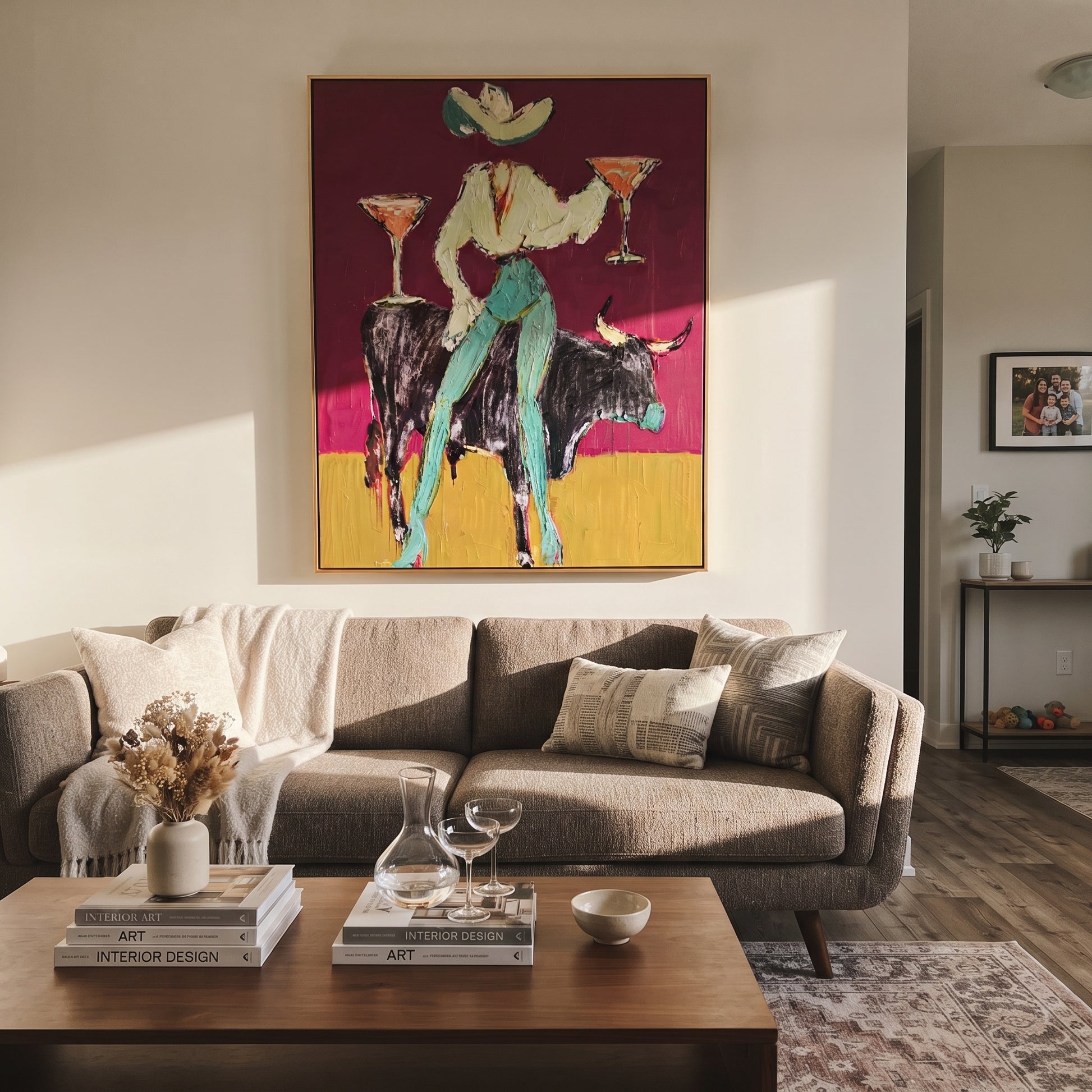 Two Cocktails Crown Bull - cowgirl bull martini painting by Ethan Mercer, contemporary Western vertical wall art – styled room scene view 3