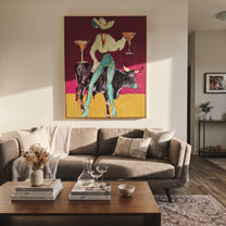 Two Cocktails Crown Bull - cowgirl bull martini painting by Ethan Mercer, contemporary Western vertical wall art – styled room scene view 3