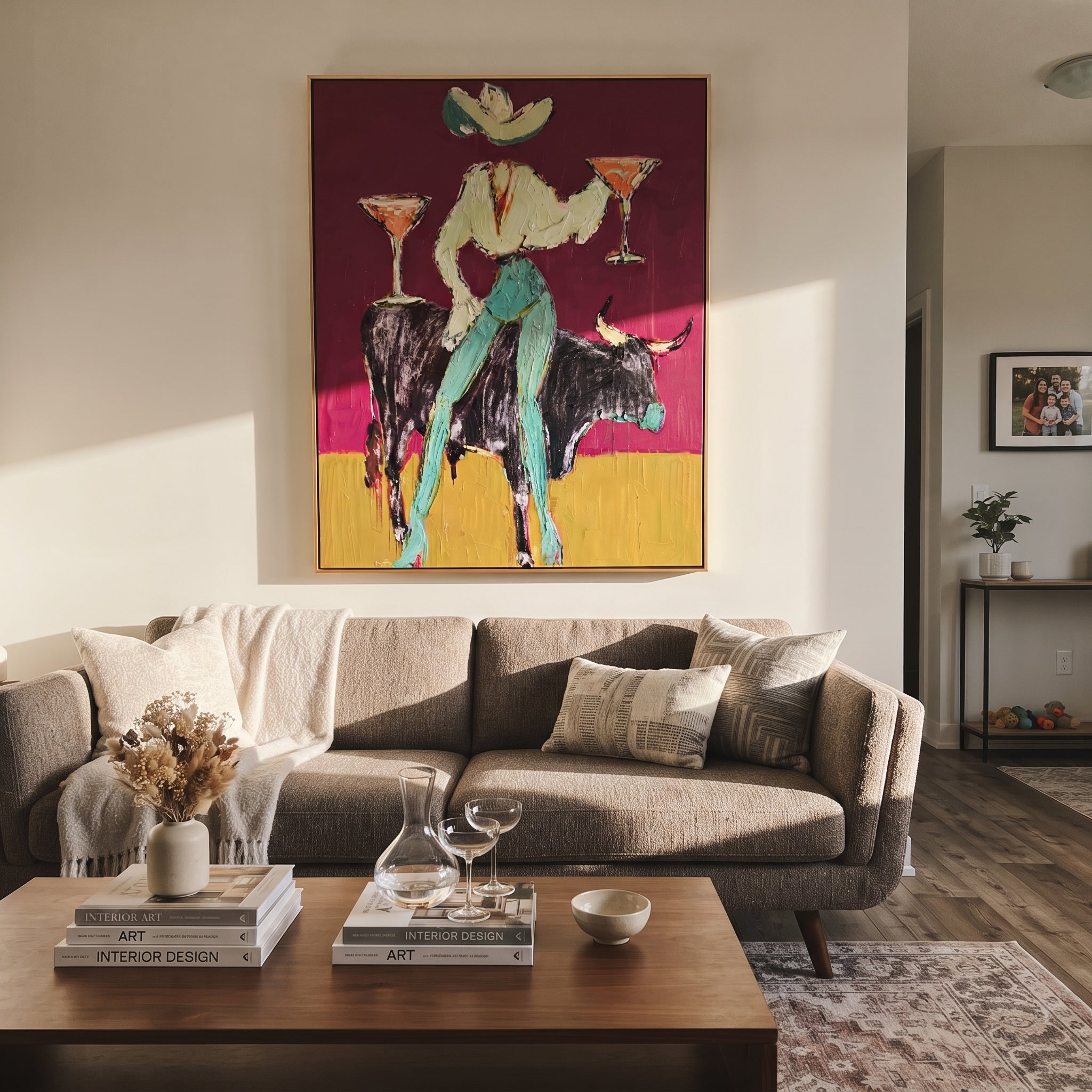 Two Cocktails Crown Bull - cowgirl bull martini painting by Ethan Mercer, contemporary Western vertical wall art – styled room scene view 3