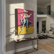 Two Cocktails Crown Bull - cowgirl bull martini painting by Ethan Mercer, contemporary Western vertical wall art – styled room scene view 4