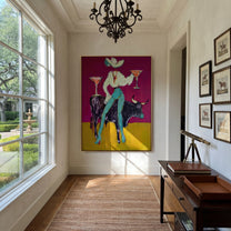 Two Cocktails Crown Bull - cowgirl bull martini painting by Ethan Mercer, contemporary Western vertical wall art – styled room scene view 5