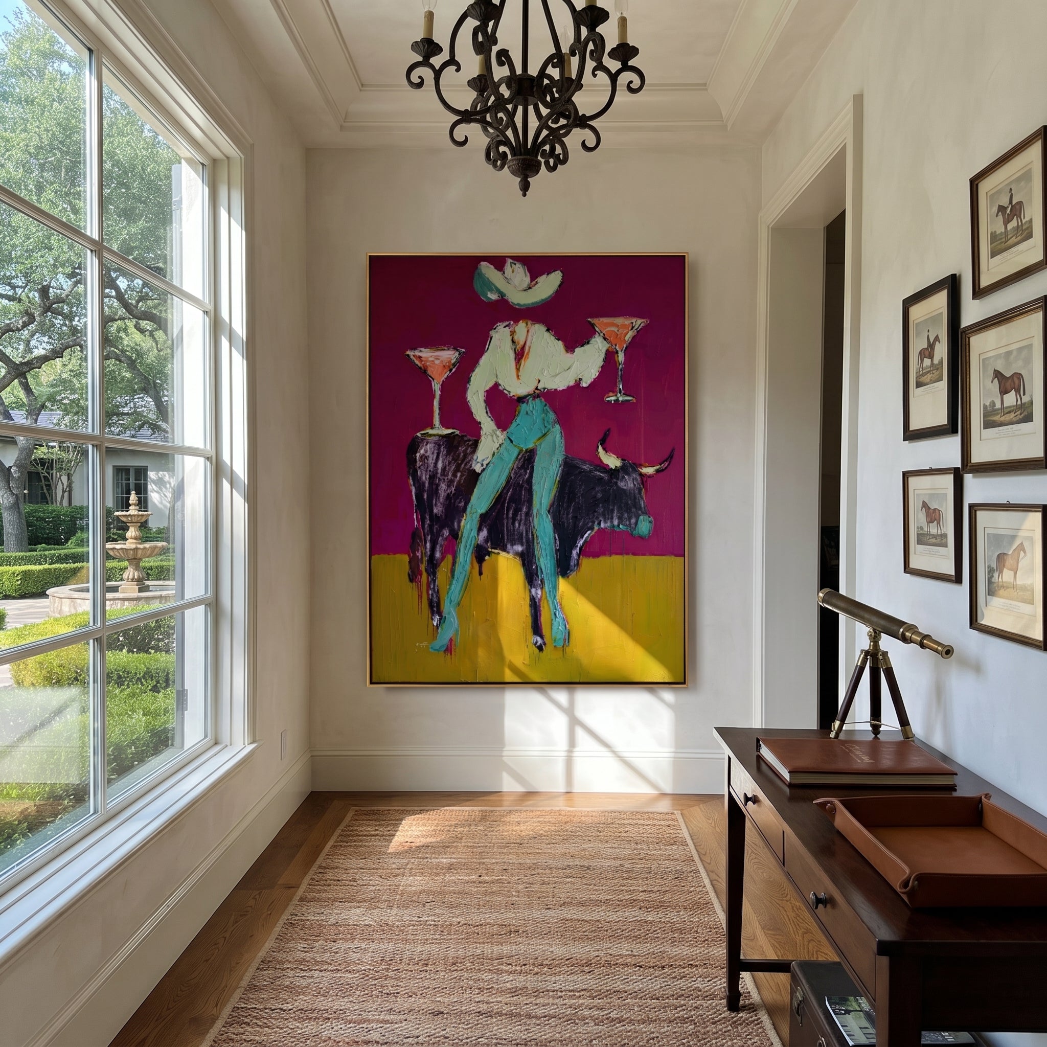 Two Cocktails Crown Bull - cowgirl bull martini painting by Ethan Mercer, contemporary Western vertical wall art – styled room scene view 5