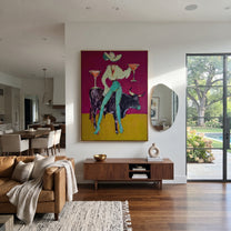 Two Cocktails Crown Bull - cowgirl bull martini painting by Ethan Mercer, contemporary Western vertical wall art – styled room scene view 6