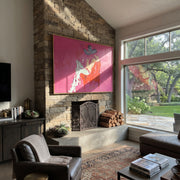 Pink Room Holds Repose - reclining cowboy chair painting by Ethan Mercer, contemporary Western horizontal wall art – styled room scene view 1