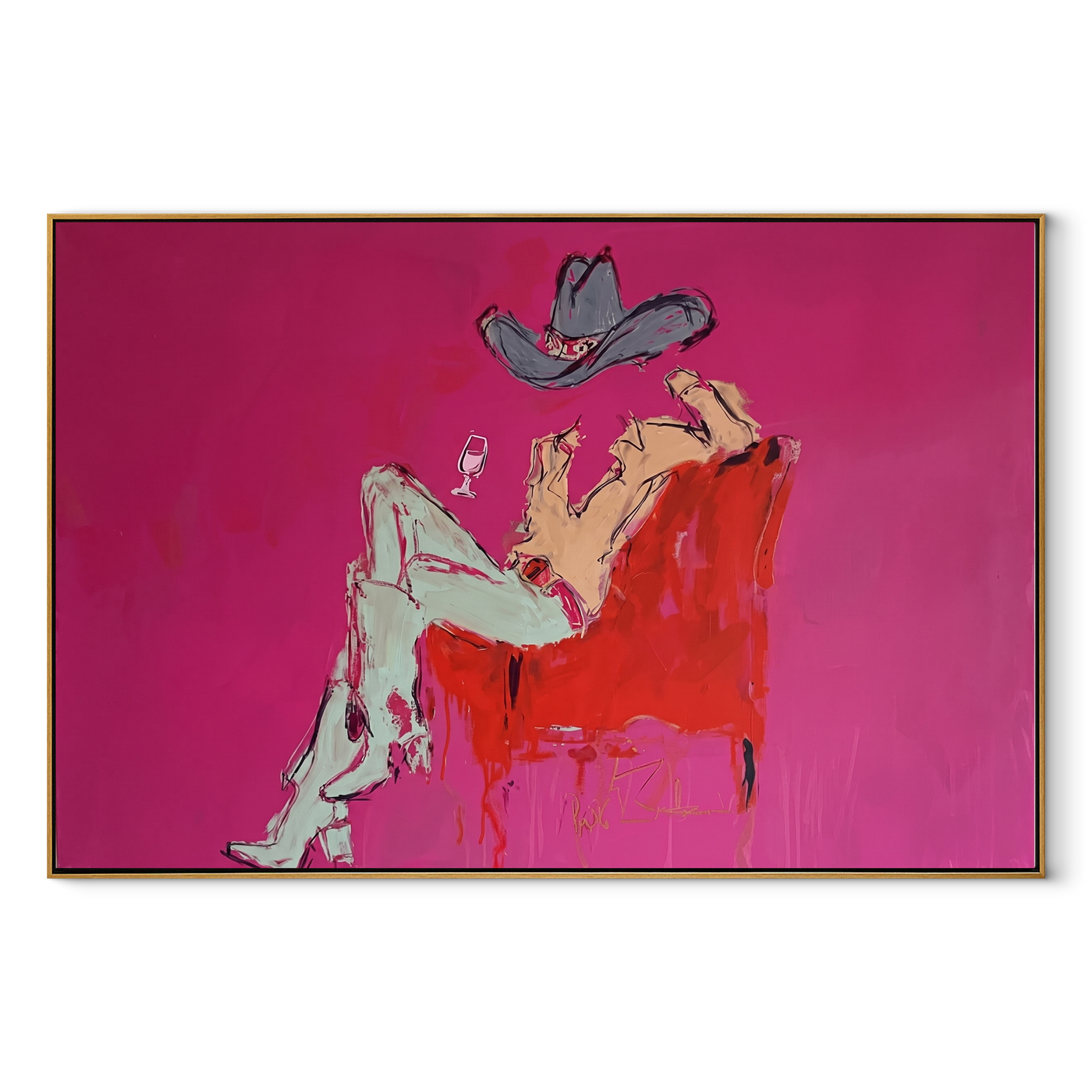 Pink Room Holds Repose - reclining cowboy chair painting by Ethan Mercer, contemporary Western horizontal wall art – wood frame on white background
