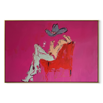 Pink Room Holds Repose - reclining cowboy chair painting by Ethan Mercer, contemporary Western horizontal wall art – wood frame on white background