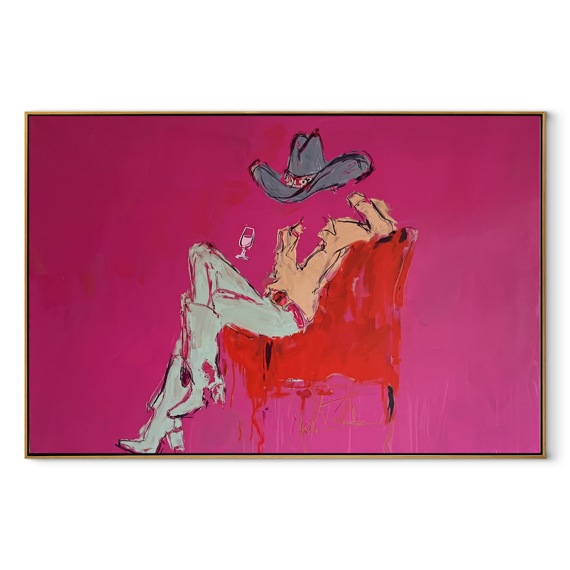 Pink Room Holds Repose - reclining cowboy chair painting by Ethan Mercer, contemporary Western horizontal wall art – wood frame on white background
