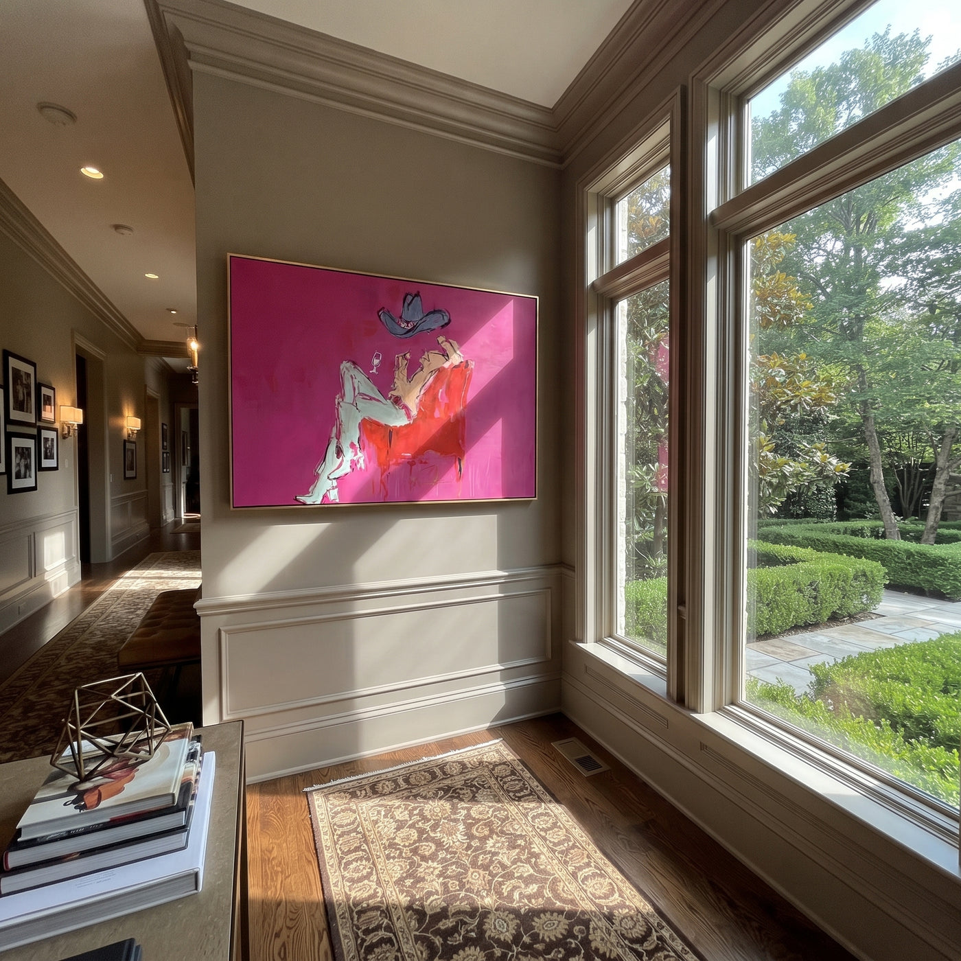 Pink Room Holds Repose - reclining cowboy chair painting by Ethan Mercer, contemporary Western horizontal wall art – styled room scene view 2