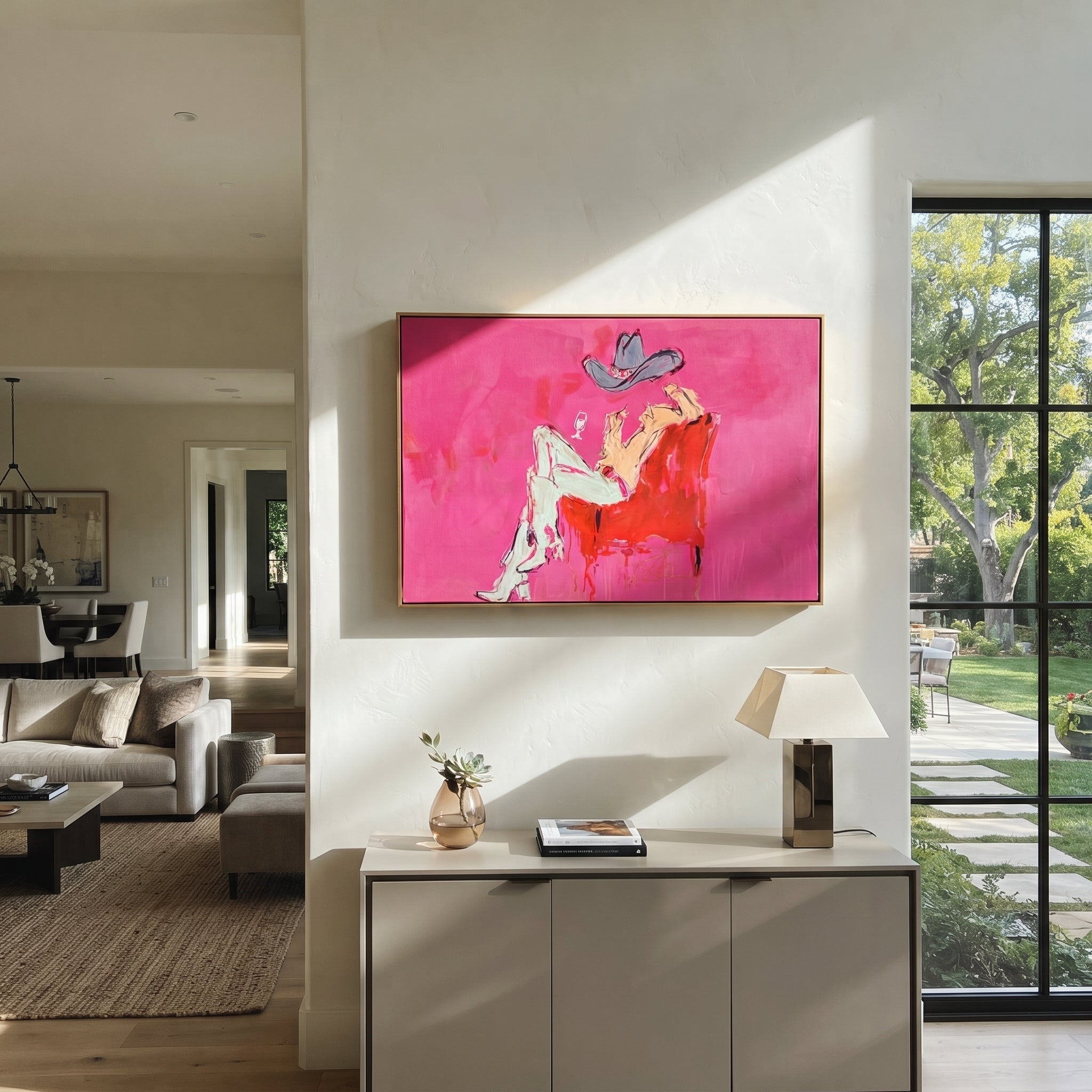 Pink Room Holds Repose - reclining cowboy chair painting by Ethan Mercer, contemporary Western horizontal wall art – styled room scene view 3