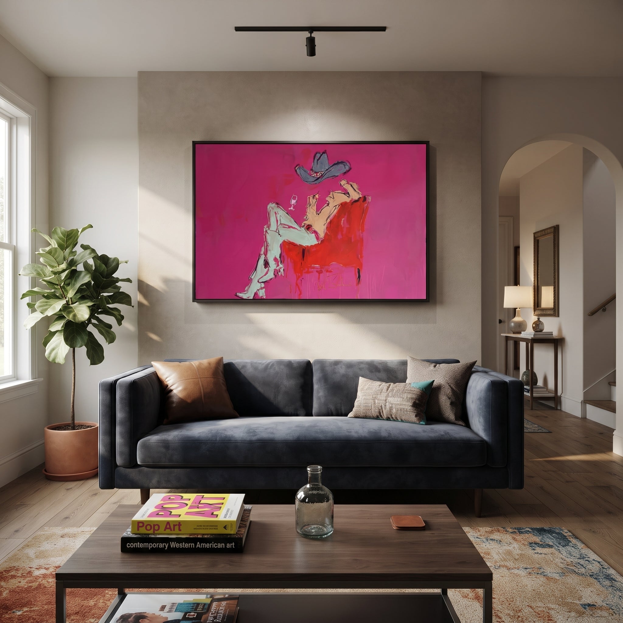Pink Room Holds Repose - reclining cowboy chair painting by Ethan Mercer, contemporary Western horizontal wall art – styled room scene view 4