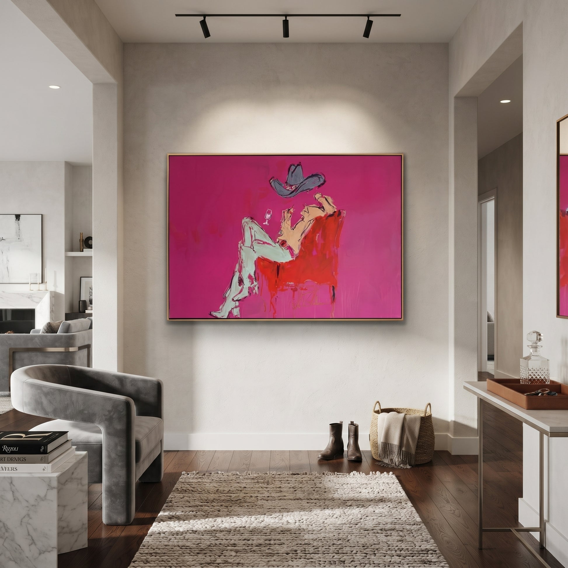 Pink Room Holds Repose - reclining cowboy chair painting by Ethan Mercer, contemporary Western horizontal wall art – styled room scene view 5
