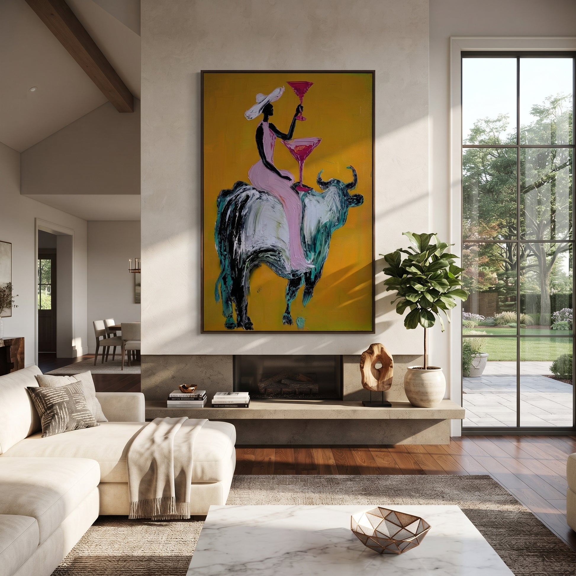 Golden Toast Rides Silver - cowgirl silver bull painting by Ethan Mercer, contemporary Western vertical wall art – styled room scene view 1