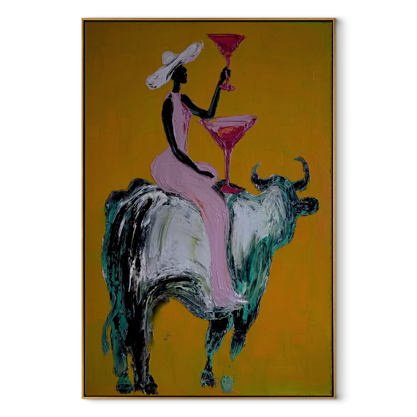 Golden Toast Rides Silver - cowgirl silver bull painting by Ethan Mercer, contemporary Western vertical wall art – wood frame on white background