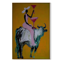 Golden Toast Rides Silver - cowgirl silver bull painting by Ethan Mercer, contemporary Western vertical wall art – wood frame on white background