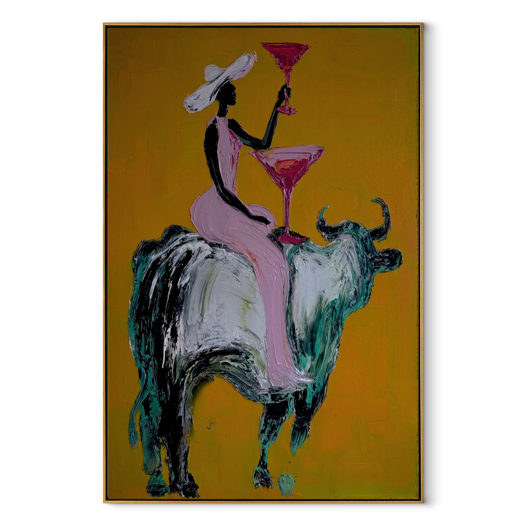 Golden Toast Rides Silver - cowgirl silver bull painting by Ethan Mercer, contemporary Western vertical wall art – wood frame on white background