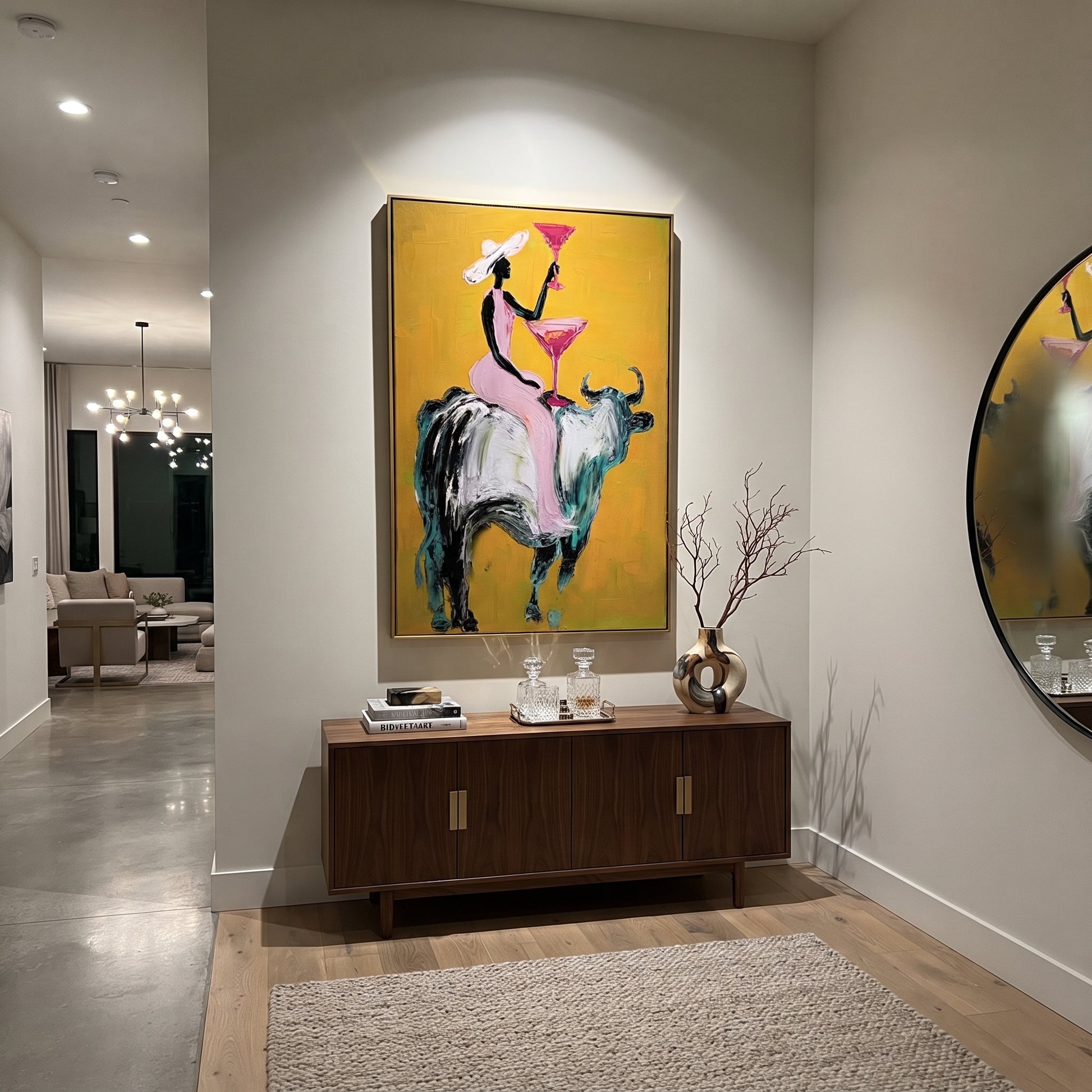 Golden Toast Rides Silver - cowgirl silver bull painting by Ethan Mercer, contemporary Western vertical wall art – styled room scene view 2