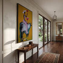 Golden Toast Rides Silver - cowgirl silver bull painting by Ethan Mercer, contemporary Western vertical wall art – styled room scene view 3