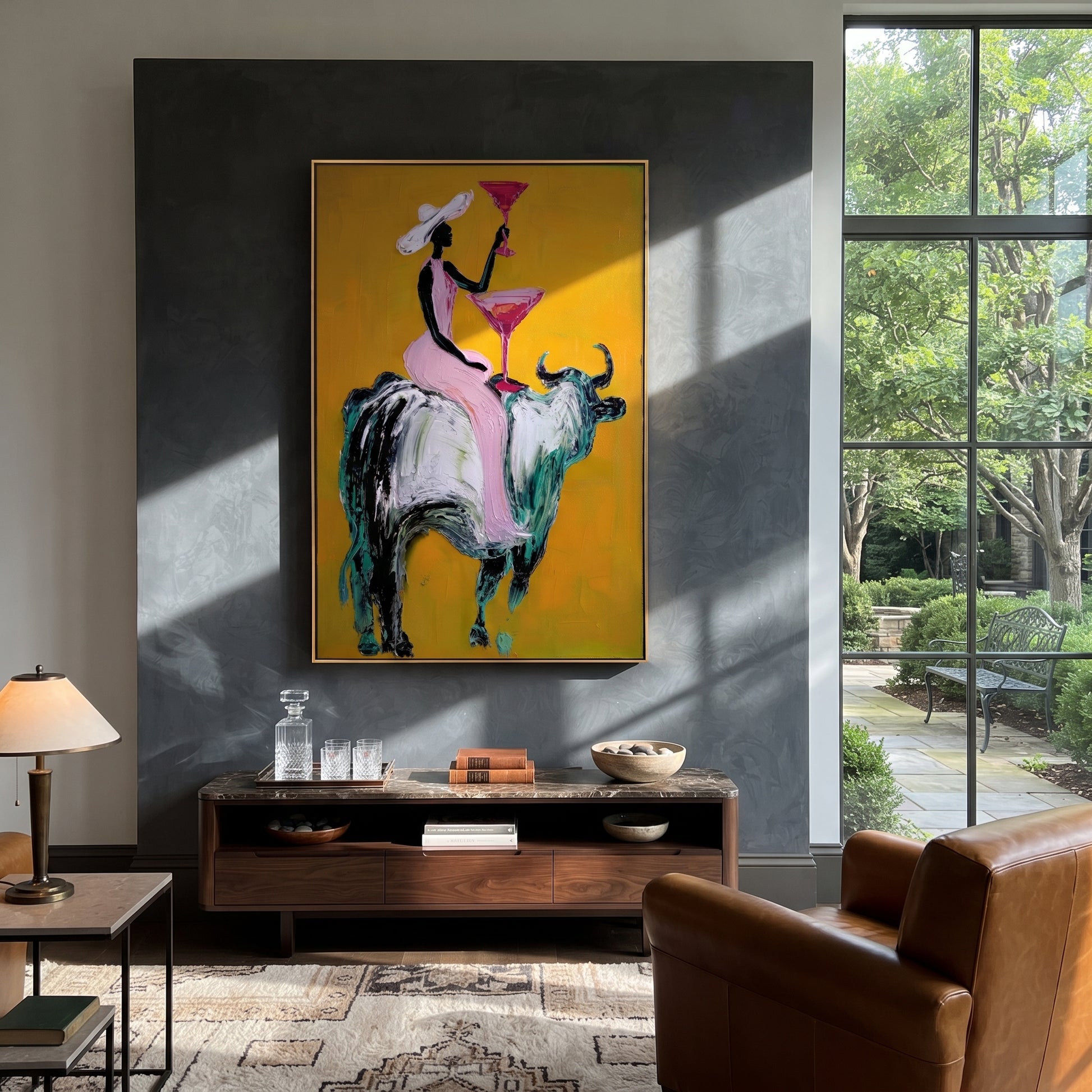 Golden Toast Rides Silver - cowgirl silver bull painting by Ethan Mercer, contemporary Western vertical wall art – styled room scene view 4