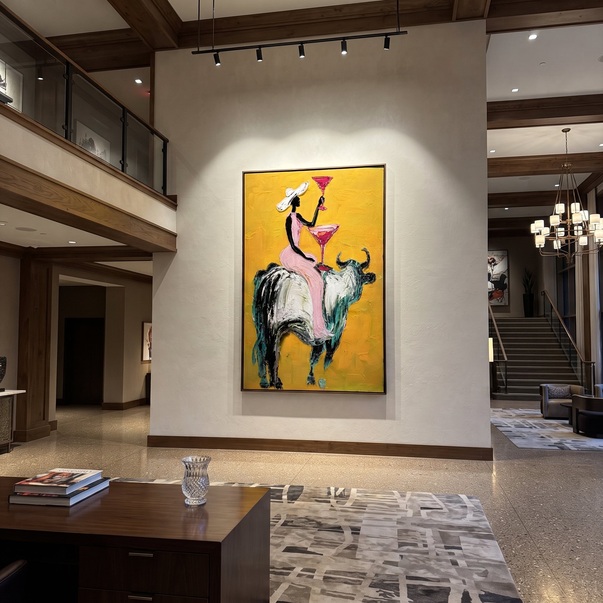 Golden Toast Rides Silver - cowgirl silver bull painting by Ethan Mercer, contemporary Western vertical wall art – styled room scene view 5